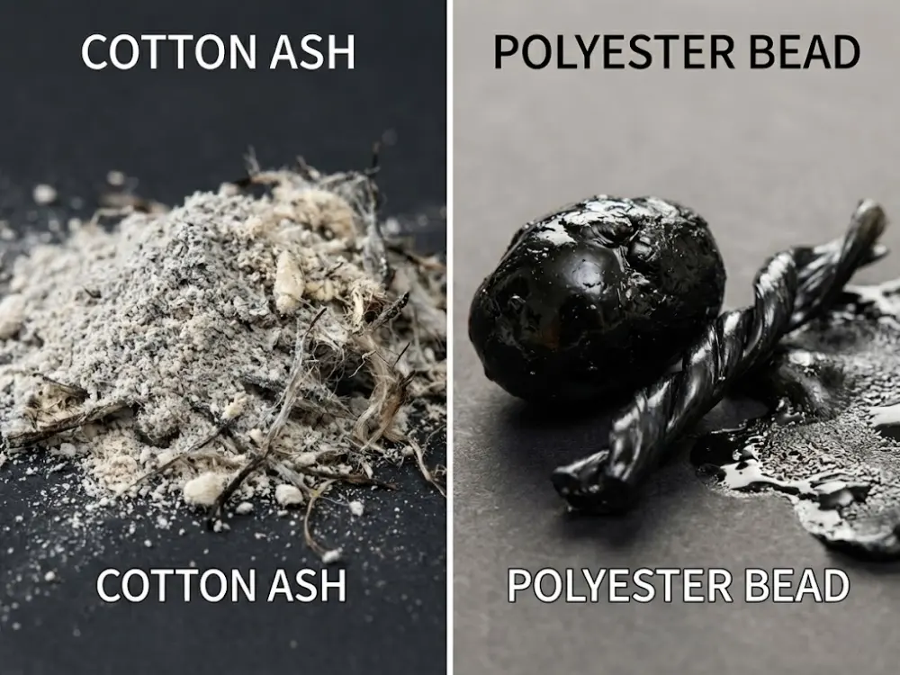 Fabric burn test results: 100% cotton ash vs polyester melted hard bead.