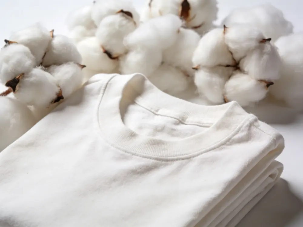 Raw natural cotton bolls next to a soft 100% cotton t-shirt.