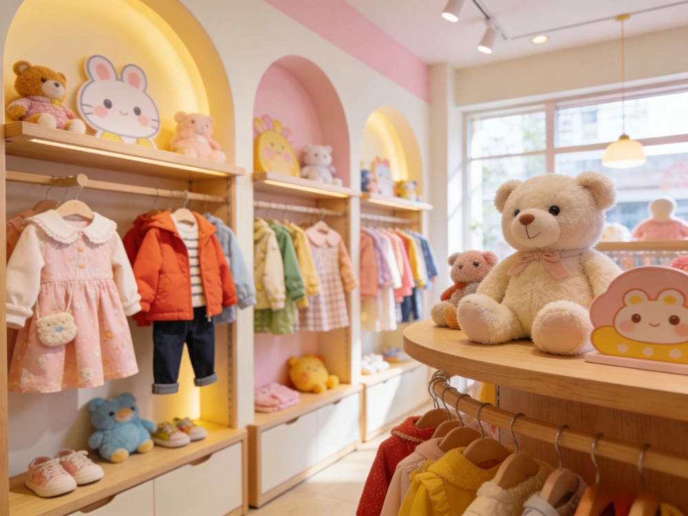 boutique children's clothing display with stylish outfits for kids