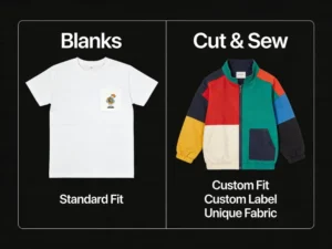 Infographic comparing Cut and Sew manufacturing versus Print-on-Demand Blanks.