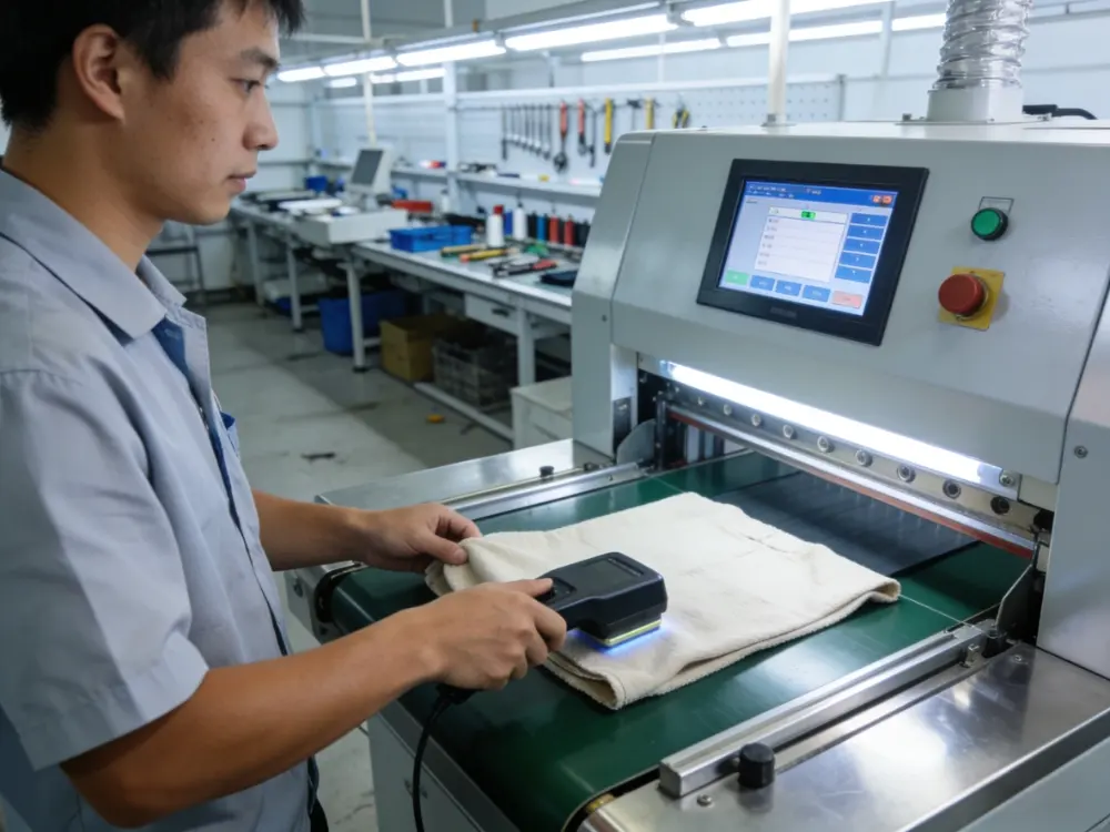 Quality control inspection and metal detection for child safety in garment factory.