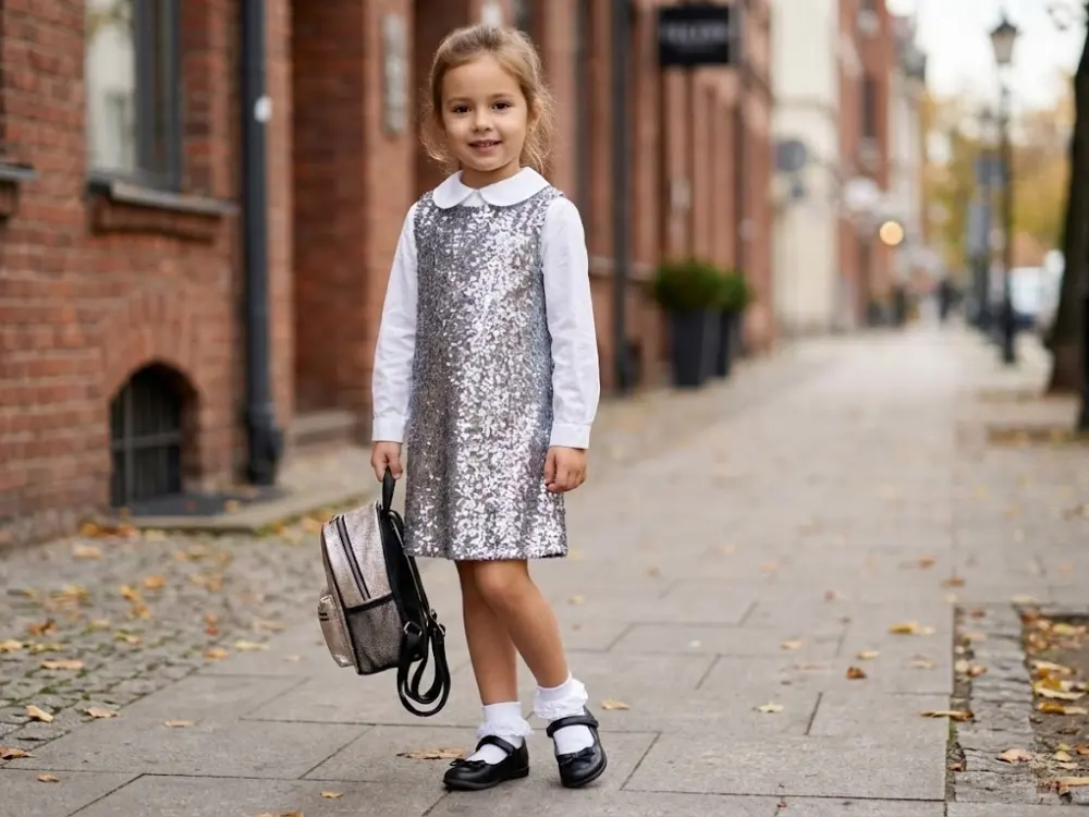 Girls sequin dress styled with blouses.