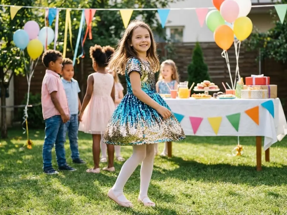 Girls sequin dress styled with tights + ballet flats.
