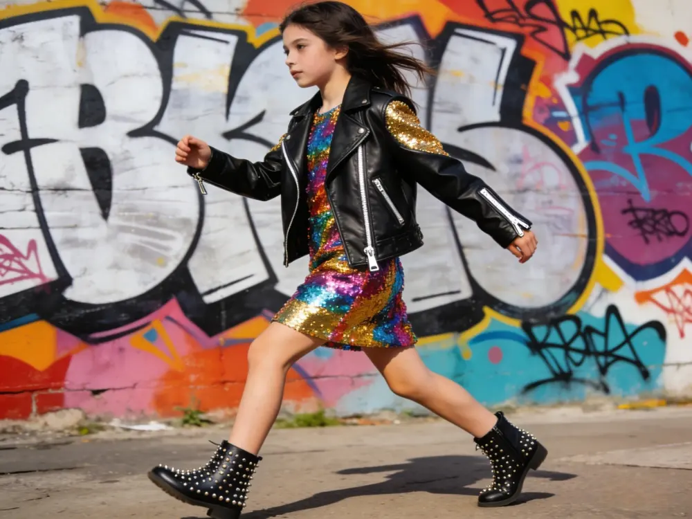 Girls sequin dress styled with leather biker jacket + boots.
