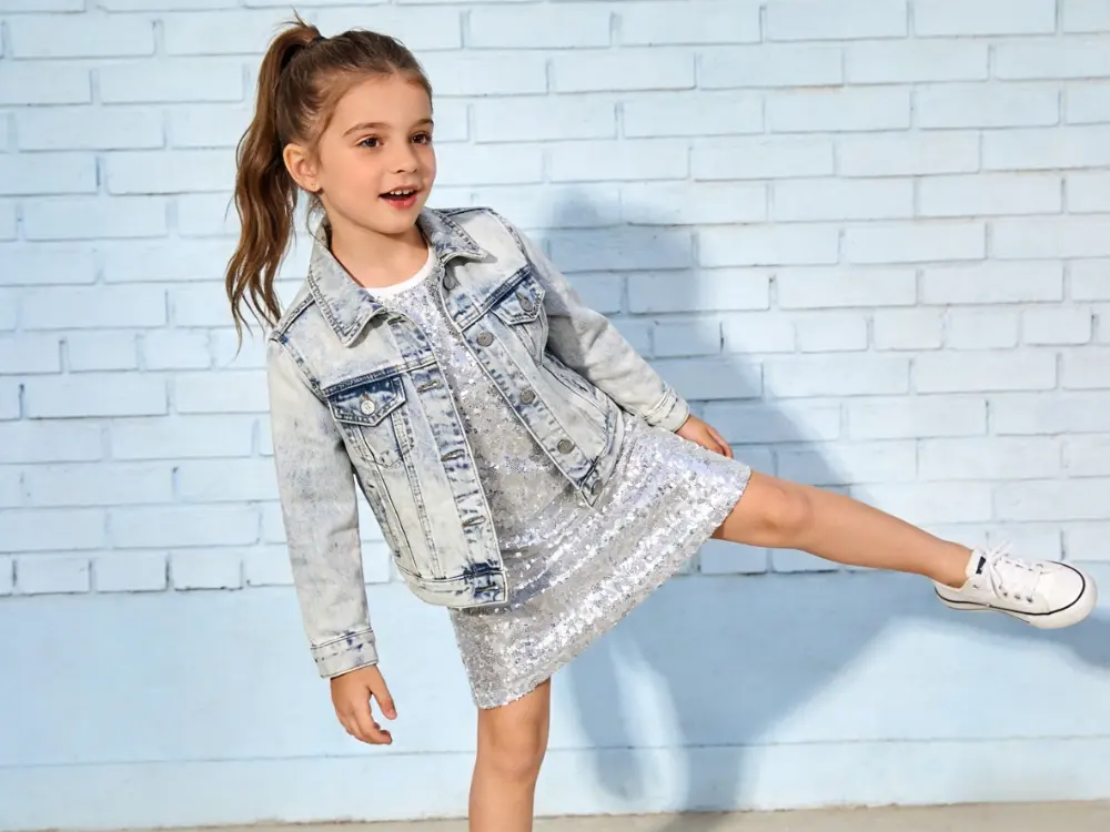Girls sequin dress styled with Denim Jacket + Sneakers.