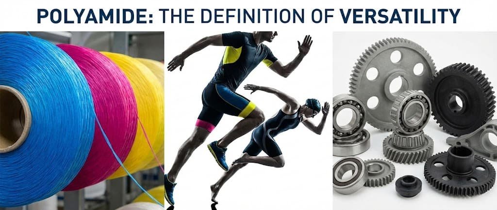 Various applications of polyamide fabric, including colorful nylon threads, athletic wear, and industrial components.