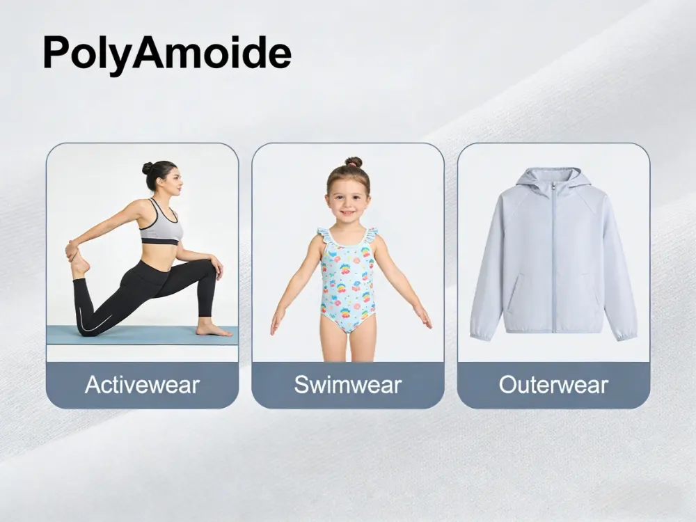 Examples of polyamide fabric in fashion: activewear leggings, children's swimwear, and lightweight windbreaker jackets.