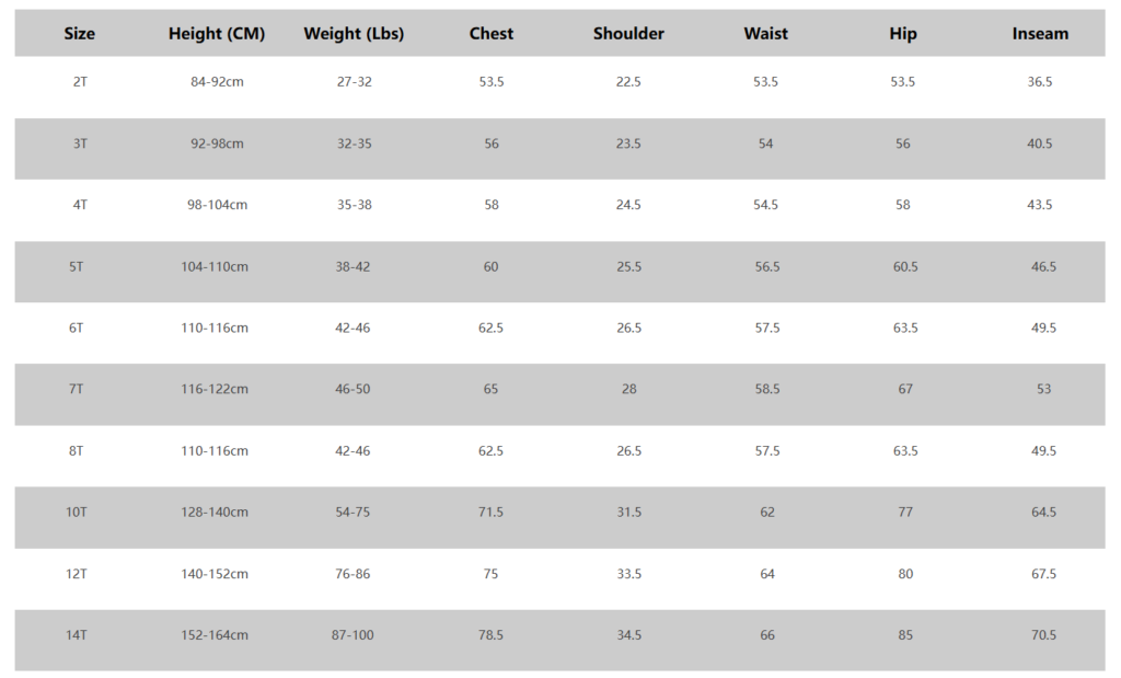 Children's clothing size chart