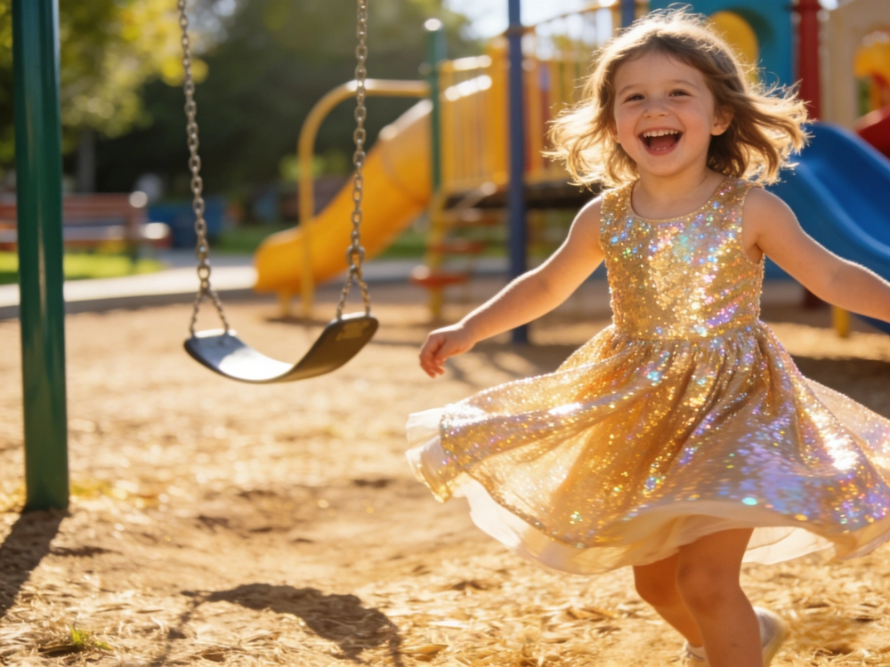 Little girl playing in a casual sequin dress at a playground.