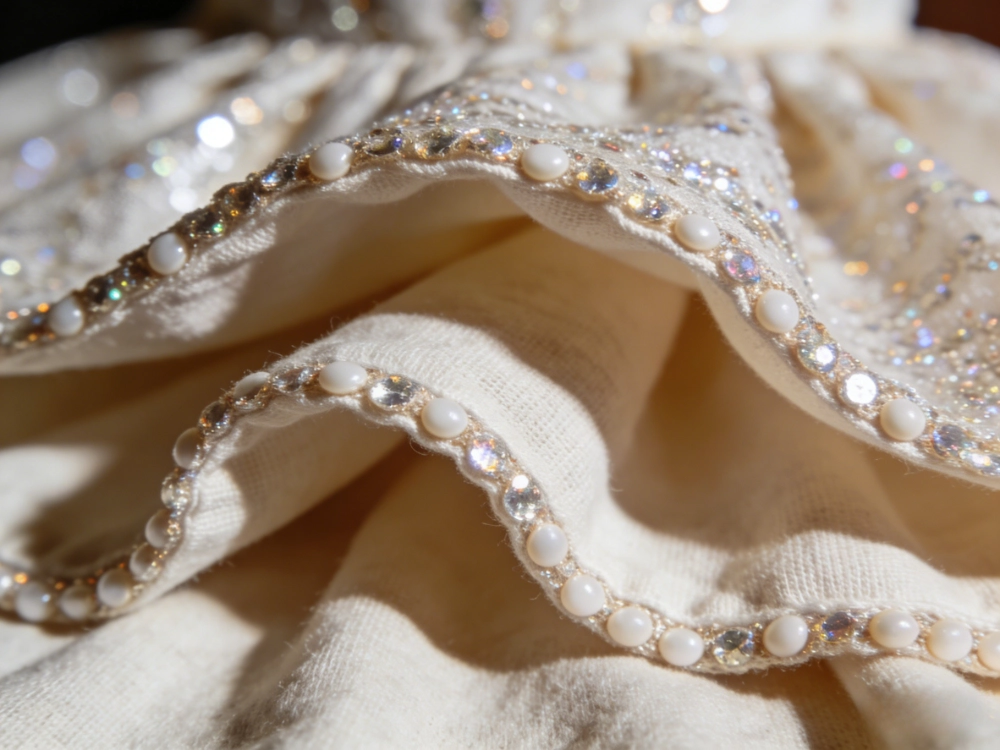 Close-up of soft cotton lining inside a girls sequin dress showing safe stitching.