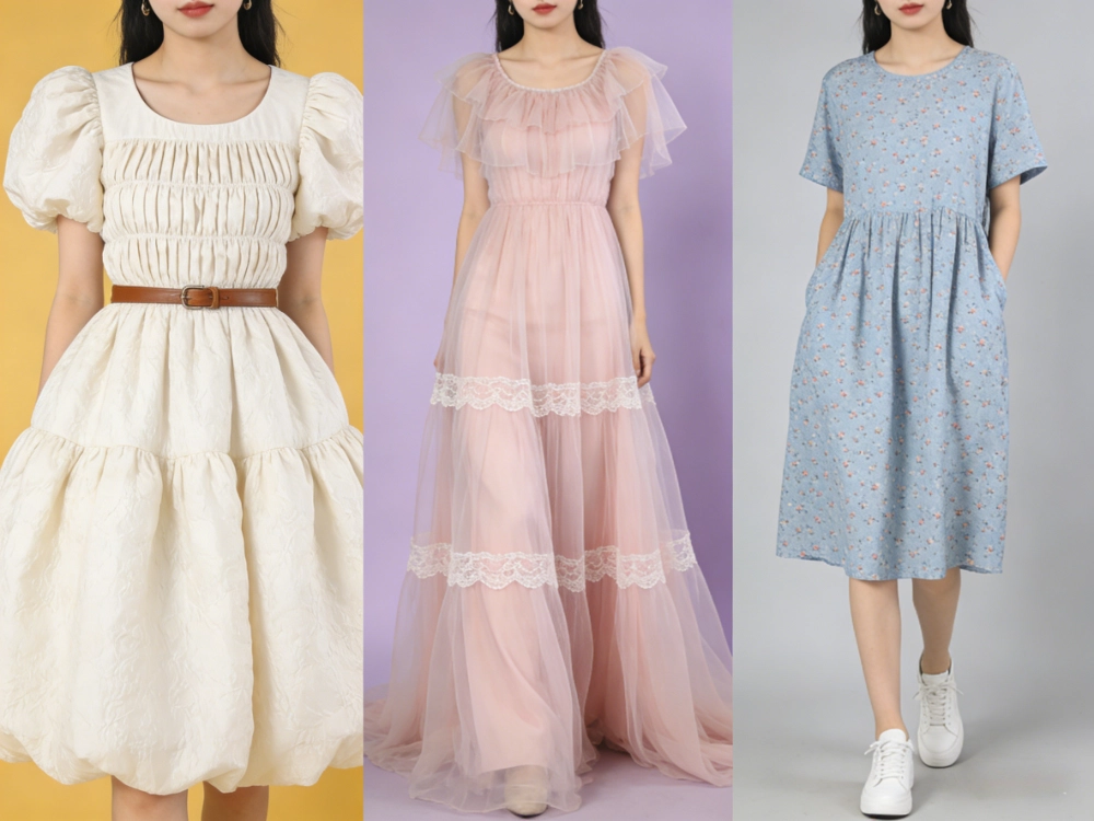 A fashion collage highlighting key 2026 girl's dress trends: vintage silhouettes, modern tulle princess gowns, and comfortable daily casual wear.