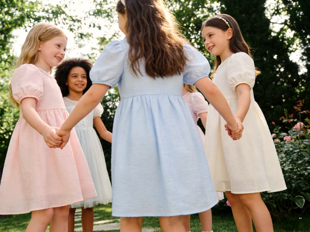Trending 2026 wholesale girls' dresses made from soft, sustainable fabrics, modeled by children in natural light for boutique buyers.