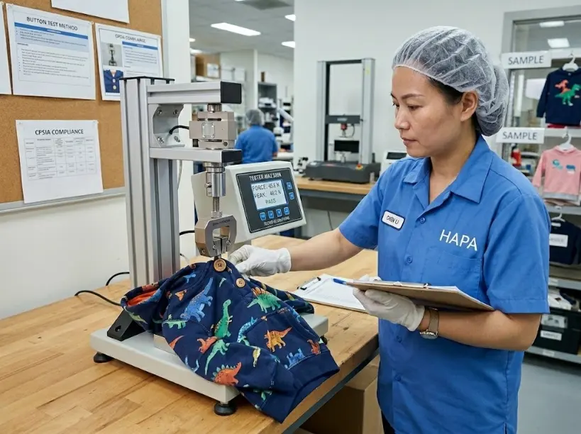 Lab technician performing button pull test to ensure kids wear safety standards compliance