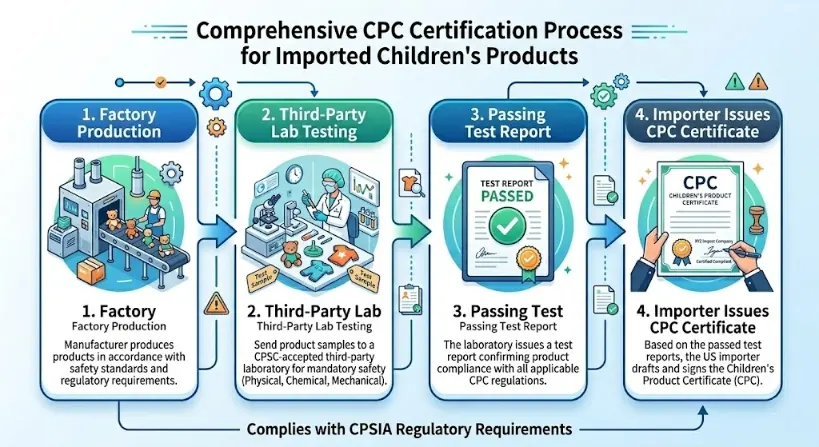 Flowchart showing how to obtain a Children's Product Certificate (CPC) for kids wear importing