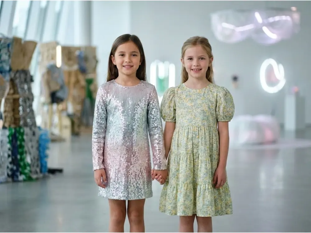 2026 girls dress fashion trends, mini-me sequin gowns and cottagecore style kids apparel.