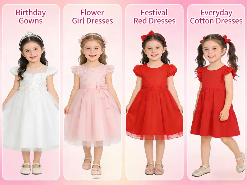 Collage of top 2026 trendy girls dresses for boutiques including voluminous tulle birthday gowns, flower girl dresses, and organic cotton playwear.