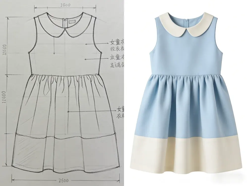 HAPA custom girls dress factory process showing side-by-side comparison of original fashion sketch and finished sequin OEM girls dress
