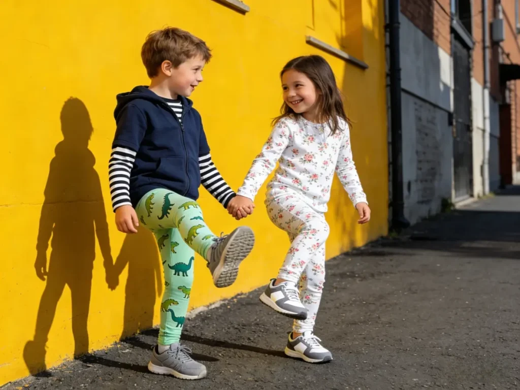 Two children, dressed in stylish outfits, are playing.