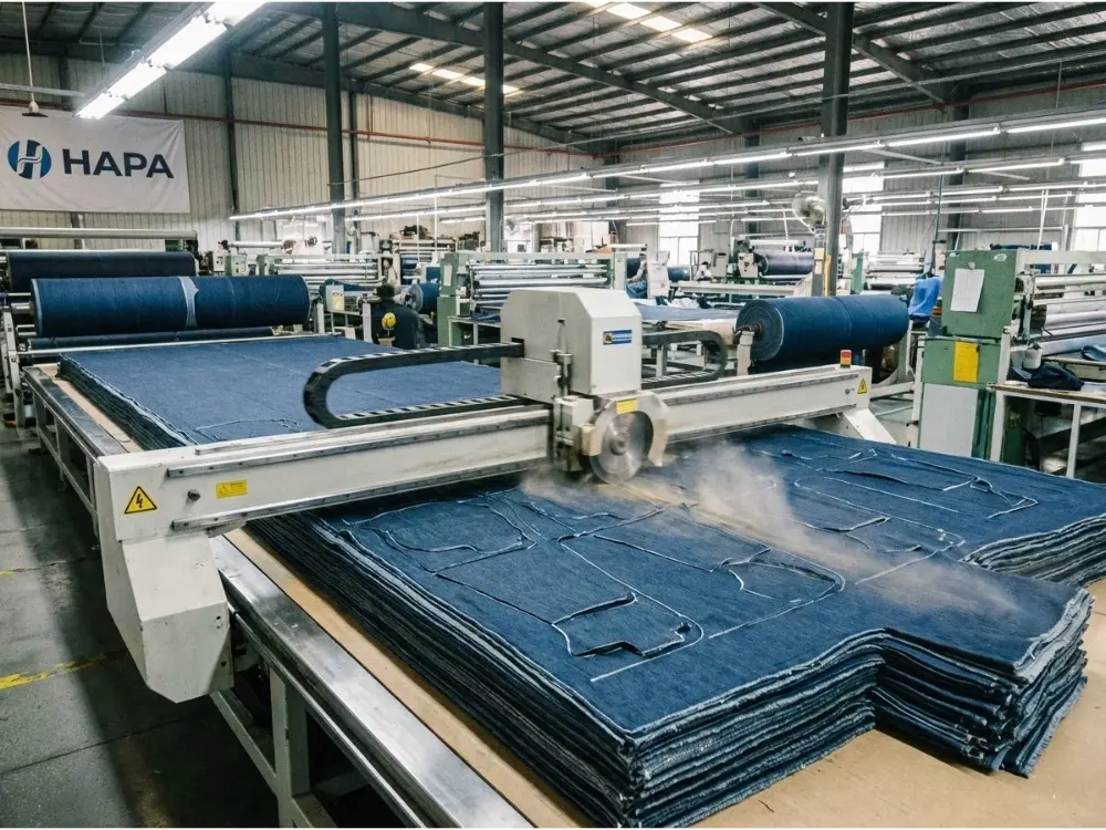 Automated CNC fabric cutting machine layering denim fabric in factory