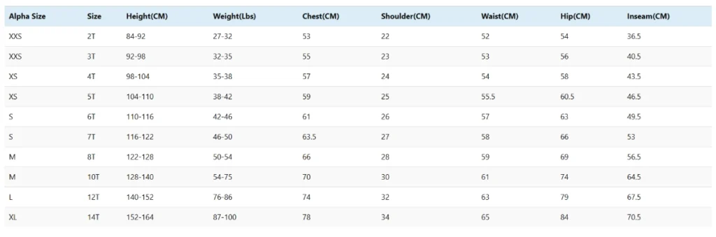 Example of a professional and precise children's clothing size chart with height and weight.
