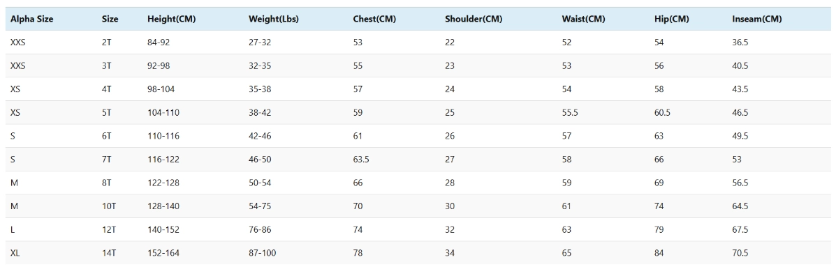 Example of a professional and precise children's clothing size chart with height and weight.