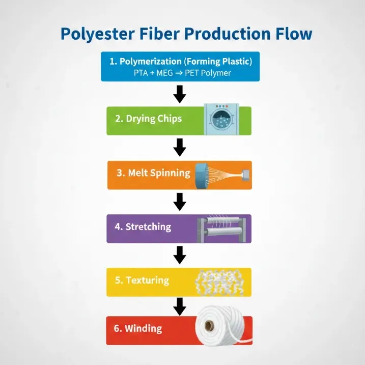 Diagram of polyester manufacturing process: polymerization to winding.