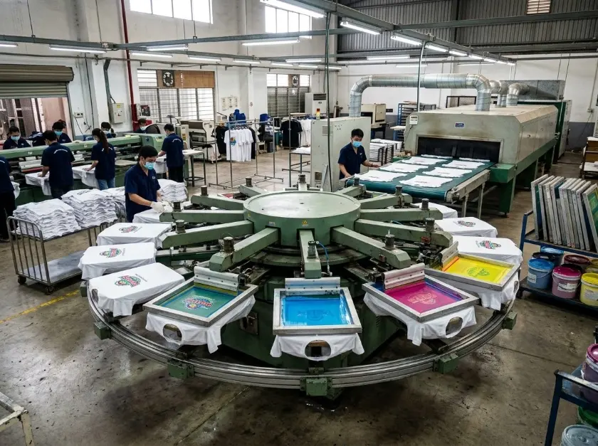 Automated rotary screen printing press for bulk OEM t-shirt manufacturing