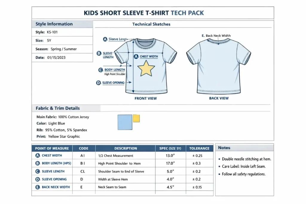 etailed clothing tech pack example for custom apparel production