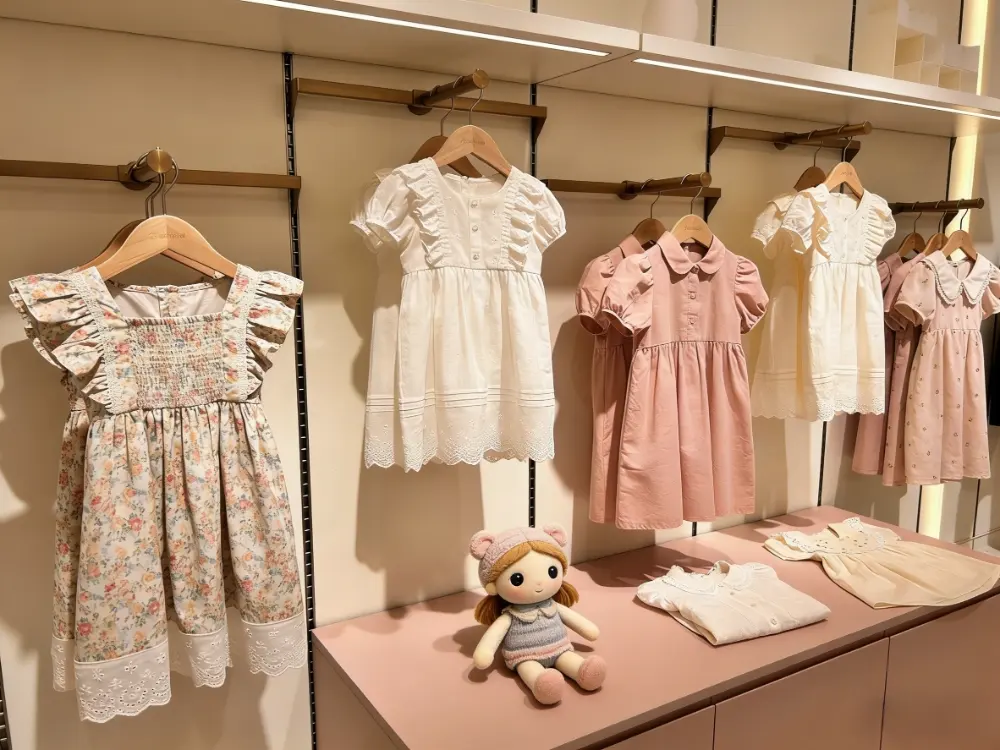 Interior of a luxury children's boutique displaying high-end girls dresses wholesale suppliers collections on gold racks for global retailers.