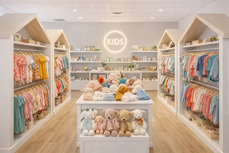 The children's clothing boutique displays a wide variety of children's clothing styles.