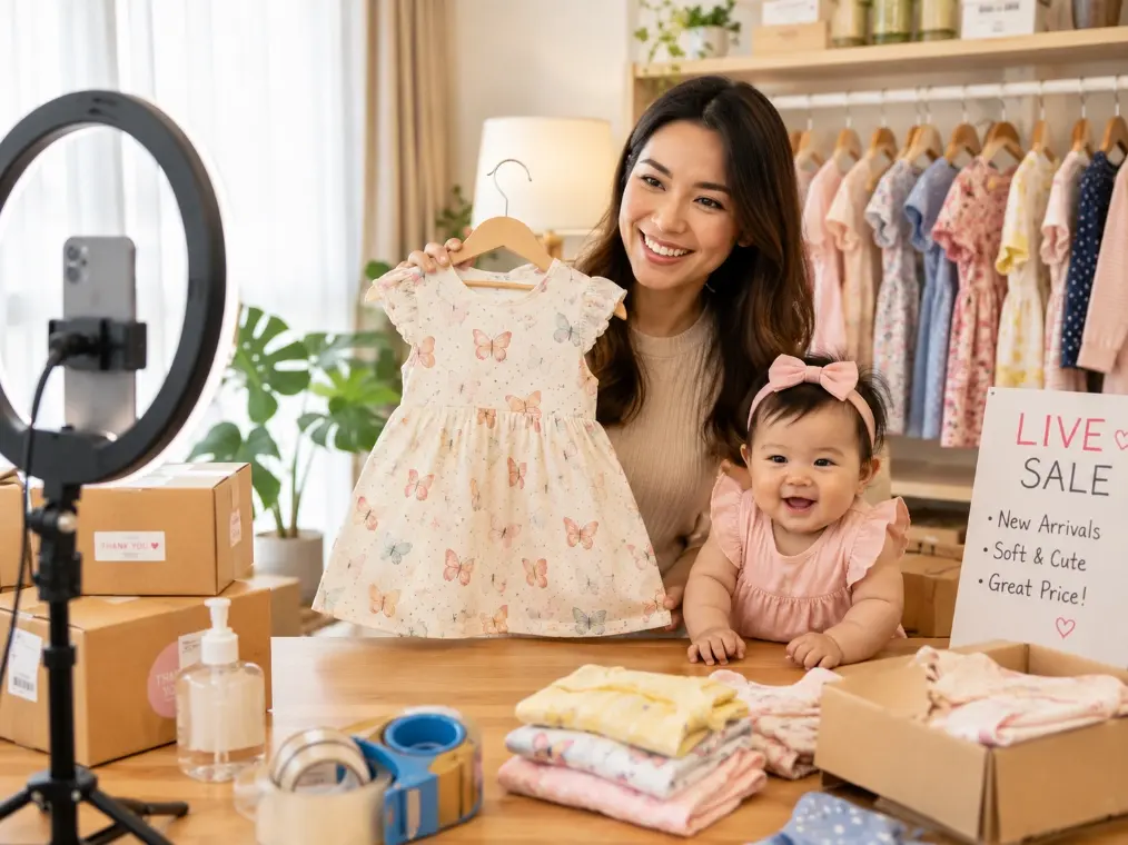 A young mother is currently live-streaming online to sell baby clothing.