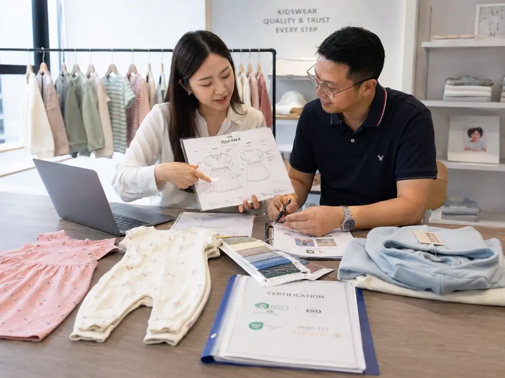 Kidswear brand owner and factory representative reviewing a tech pack and clothing samples