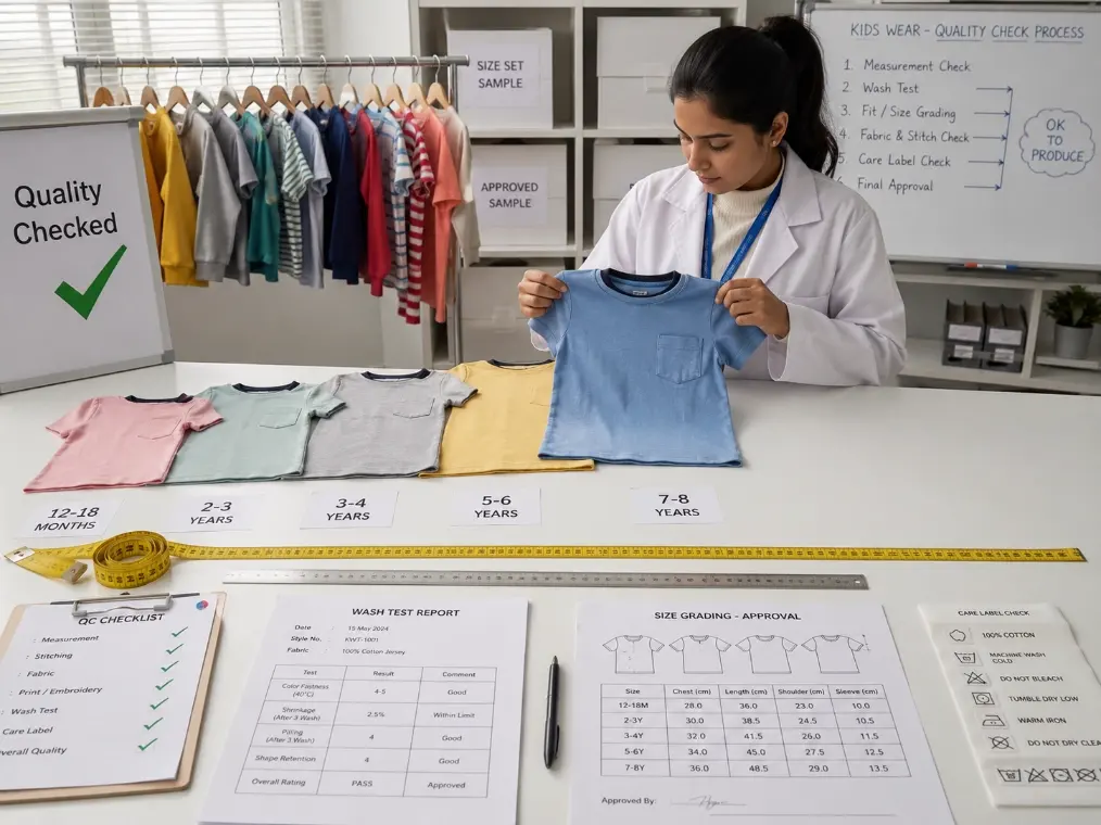 Kidswear quality inspector checking a baby onesie and hoodie in a garment factory