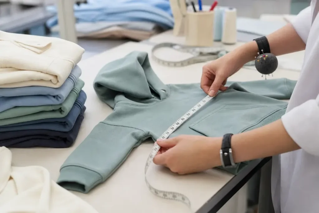 Apparel technician measuring a children's hoodie sample during kidswear fit and quality checks.