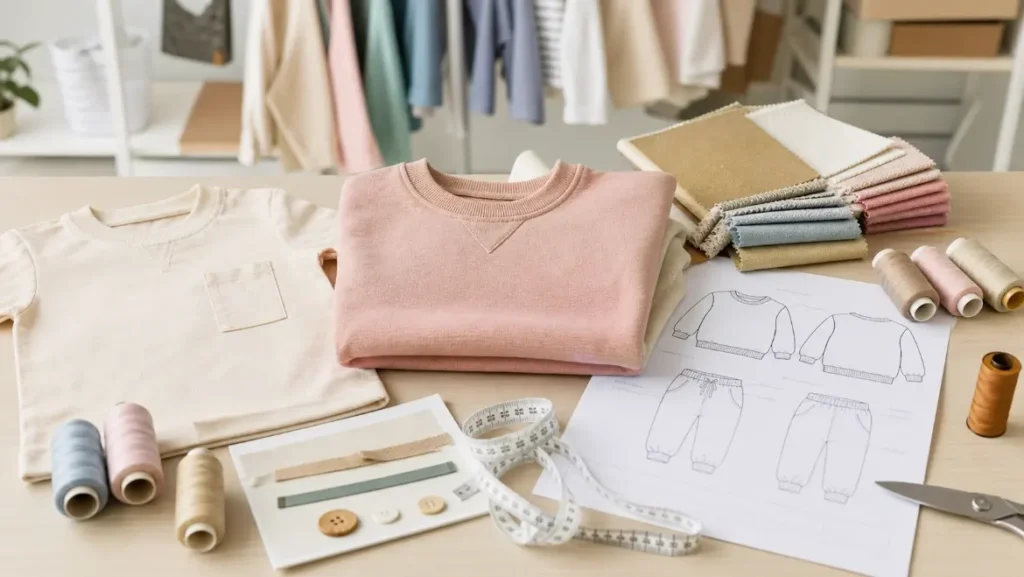 Children's clothing samples, fabric swatches, trims, and a tech pack prepared for low MOQ kidswear manufacturing.