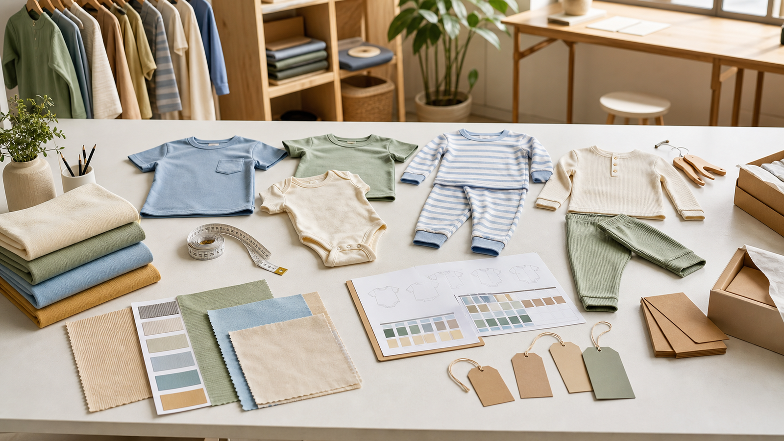 Private label kidswear manufacturer planning table with clothing samples, fabrics, labels, and packaging