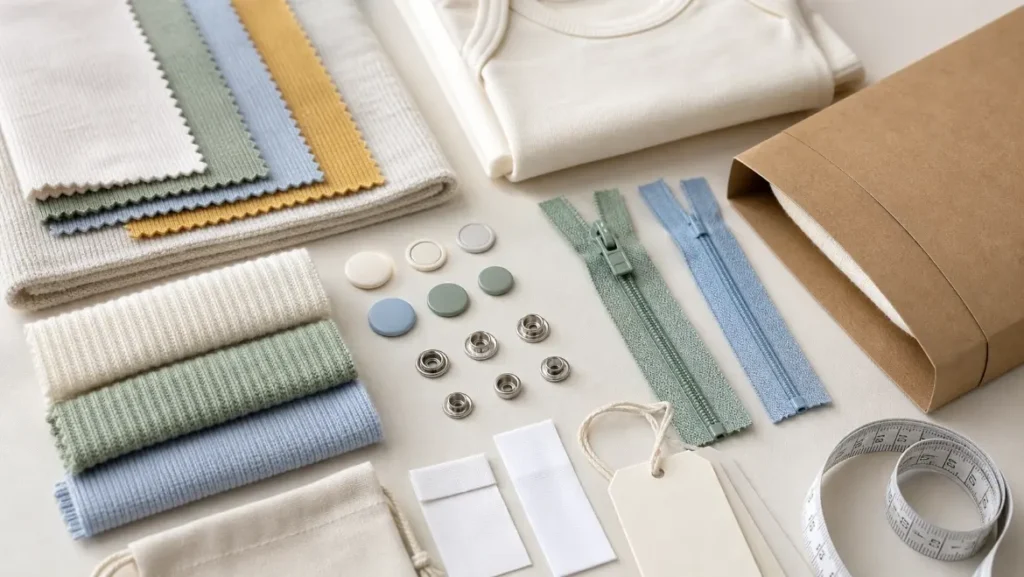 kidswear fabric swatches trims labels and packaging for private label production