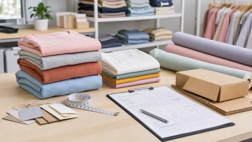 Small-batch kidswear garments, fabric rolls, packaging materials, and an inspection checklist prepared for children's apparel quality control.