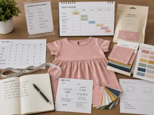 A clean sourcing desk with a children’s garment sample, fabric swatches, size chart, Arabic/English label draft, packaging mock-up, and project calendar.