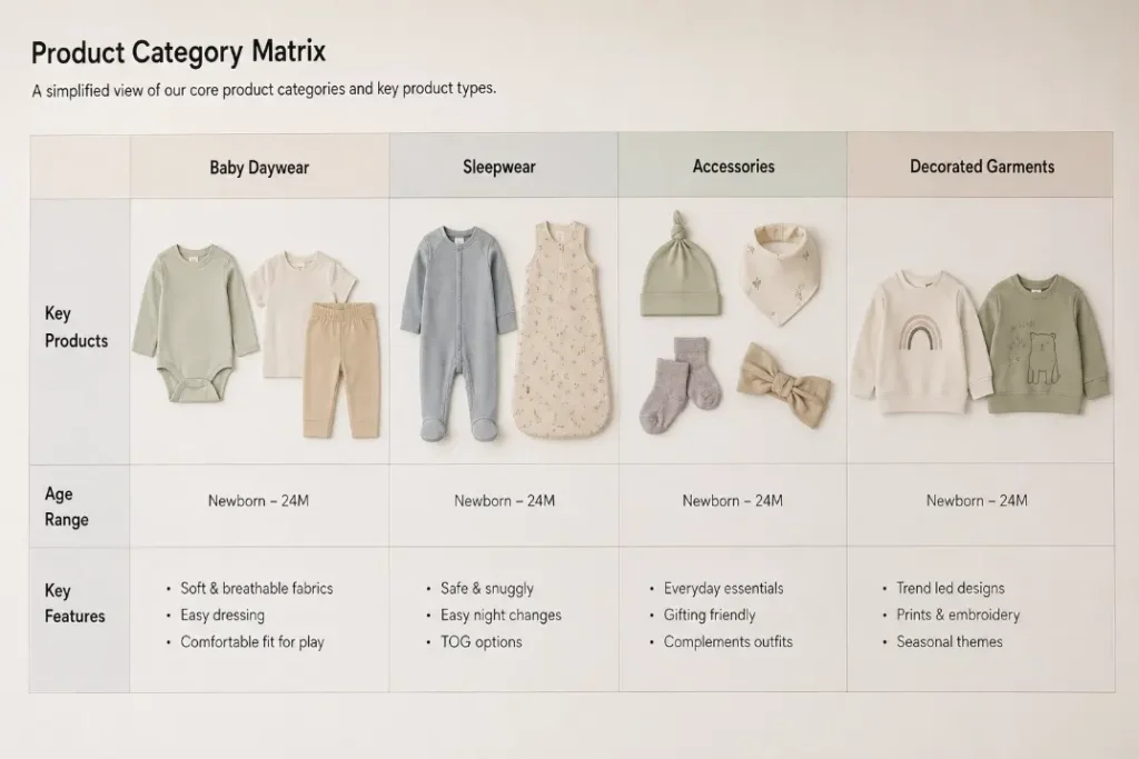 Baby clothing product categories for US compliance planning.
