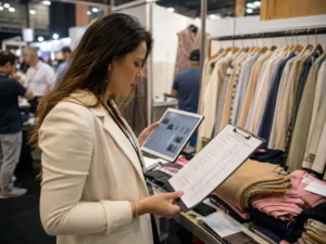 Buyer using a checklist during a China clothing wholesale market visit.