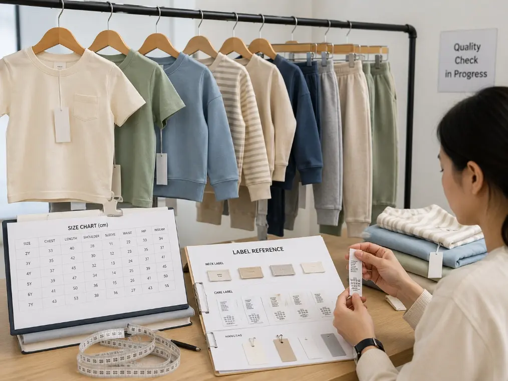 Children's clothing on a rack being checked for consistent sizing and labeling.