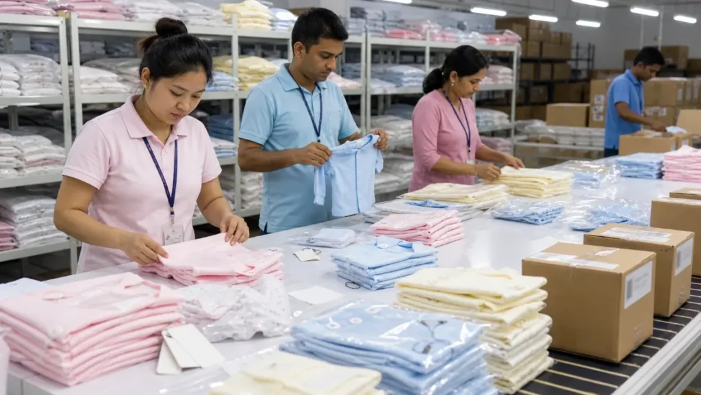 Factory workers folding labeling and packing pastel baby clothing for shipment in a clean production area
