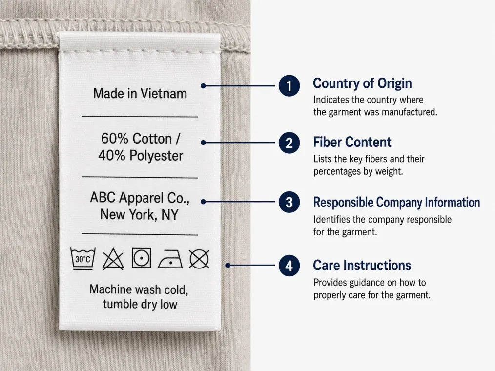 Garment label showing country of origin, fiber content, company information, and care instructions.