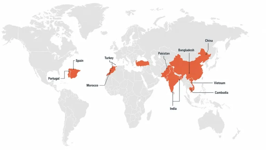 Map showing the main countries where Zara clothes are made across Europe, Africa, and Asia.