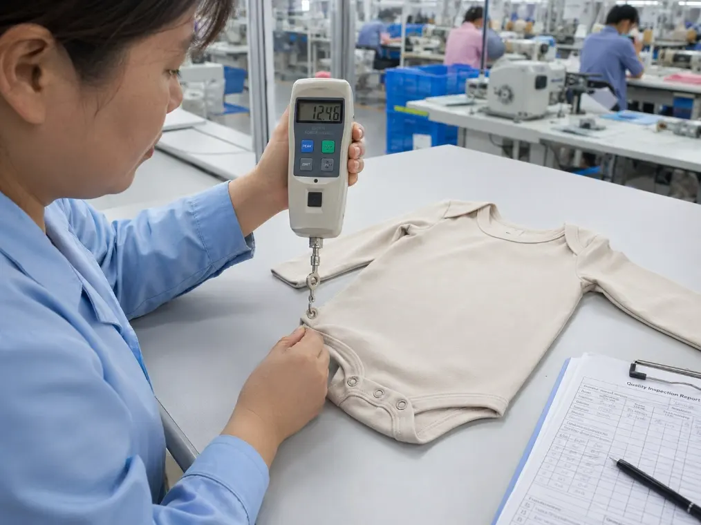 Quality control inspector pull-testing a snap on children's clothing with a force gauge at a garment factory.