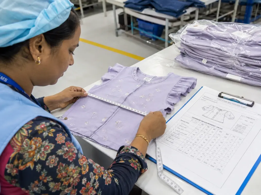 Quality inspector checking measurements, stitching, and labels on children’s garments before packing.