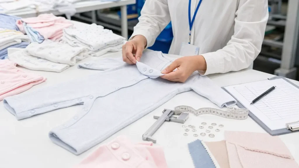 Quality inspector checking snaps seams and trim details on baby clothing samples at a garment factory