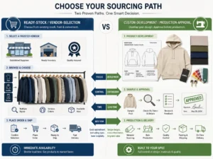 China clothing wholesale market and OEM factory sourcing models compared side by side.