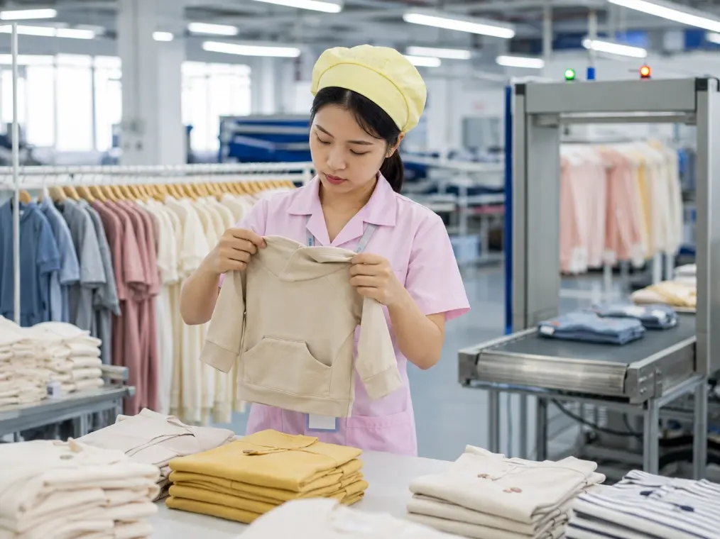 Quality inspector checking finished children’s garments before metal detection in an OEM factory